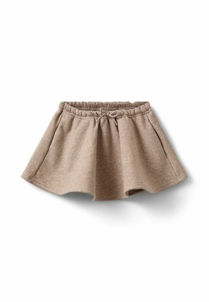 Jupe beige décontractée avec ceinture élastique et cordon à l'avant, en tissu doux, présentée sur fond blanc.