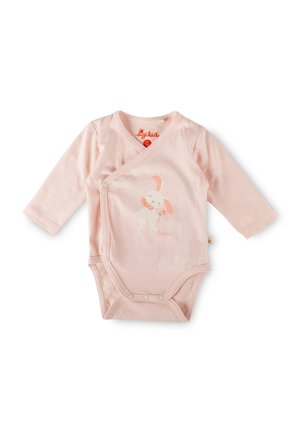 Soft pink long-sleeve baby onesie with side snap buttons and a cute bunny holding a balloon printed on the front.