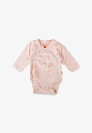 Weicher rosa Babystrampler mit langen Ärmeln, seitlichen Druckknöpfen und einem niedlichen Hasen, der einen Ballon hält, auf der Vorderseite.