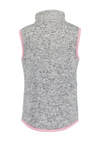 Szary bezrękawnik z wysokim kołnierzem, o miękkiej teksturze i różowym wykończeniu wzdłuż otworów na ramiona oraz dolnego brzegu.