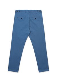 Blaue Baumwollhosen mit schmalem Schnitt, zwei Gesäßtaschen mit Knopfverschluss und glatter Textur. Maßgeschneiderter Schnitt ohne sichtbare Verzierungen.