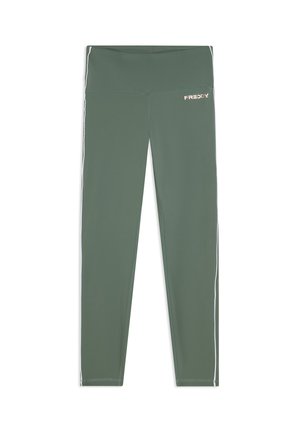 Leggings deportivos verdes de longitud completa con rayas blancas en los laterales y logotipo "FREDDY" en la parte superior del muslo izquierdo, presentados sobre un fondo blanco.