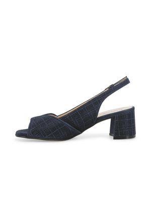 Scarpe con tacco slingback di colore blu navy, con tacco a blocco, design a punta aperta, tessuto testurizzato con un sottile motivo a quadretti e cinturino regolabile.