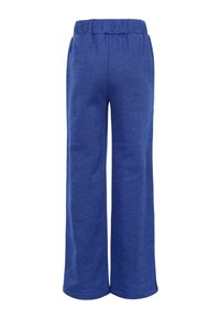 Blauwe wijde broek van zacht materiaal met een elastische tailleband en een subtiele glans. Gladde textuur, geen zichtbare patronen of hardware.