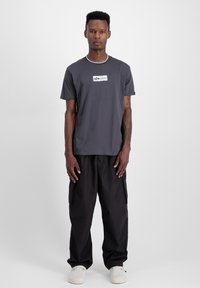 Siva pamučna majica s grafičkim logom na prsima, uparena s crnim cargo hlačama i svijetlim slip-on cipelama, koju nosi model u stojećem položaju.