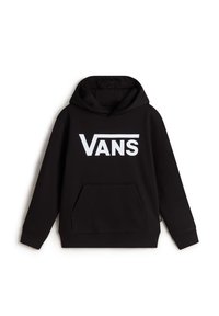 Zwarte hoodie gemaakt van een katoenmix, met een grote witte "VANS" logo op de voorkant, een kangoeroezak en een capuchon met trekkoord.