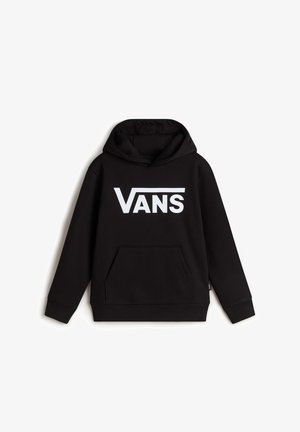 Sudadera negra hecha de una mezcla de algodón, con un gran logo blanco de "VANS" en la parte frontal, un bolsillo canguro y una capucha con cordón.