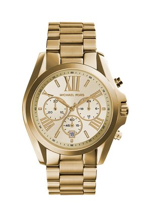 Złoty zegarek na rękę Michael Kors z rzymskimi cyframi, trzema subtarczami, datownikiem na godzinie 6 oraz metalową bransoletą z ogniwami.