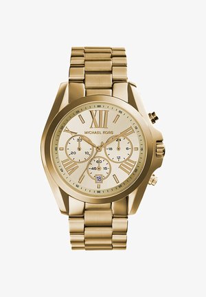Orologio Michael Kors in tono oro con numeri romani, tre quadranti secondari, indicatore della data alle 6 e cinturino metallico a maglie.
