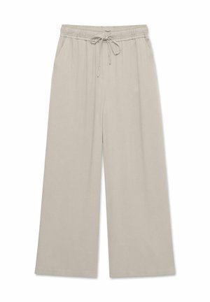 Pantalon large beige clair avec taille élastique et cordon de serrage, doté de poches latérales, présenté sur fond blanc.