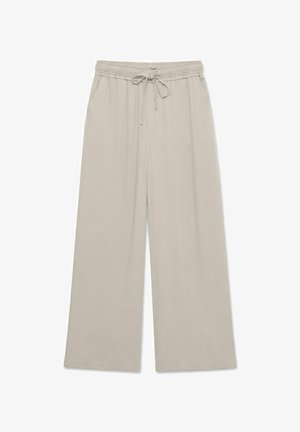 Pantalon large beige clair avec taille élastique et cordon de serrage, doté de poches latérales, présenté sur fond blanc.