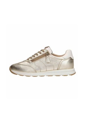 Metallic gold sneakers with a textured finish, lace-up design, side zipper, and a white sole. Accented with a light beige heel.