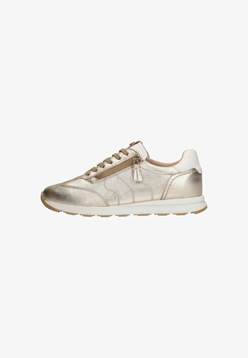 Metallic gold sneakers with a textured finish, lace-up design, side zipper, and a white sole. Accented with a light beige heel.