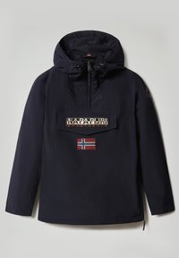 Giacca a pullover blu navy con cappuccio, dotata di una grande tasca frontale, patch con logo e un accento della bandiera norvegese. Realizzata in tessuto leggero e testurizzato.