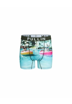 Boxers avec un motif de deux lapins portant des lunettes de soleil se relaxant sur des flotteurs gonflables dans une piscine.