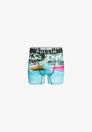 Boxers avec un motif de deux lapins portant des lunettes de soleil se relaxant sur des flotteurs gonflables dans une piscine.