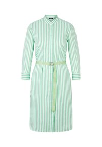Sukienka w zielono-białe paski z zapięciem na guziki z przodu, kołnierzykiem i długimi rękawami. Posiada dopasowany pasek z detalem z logo.