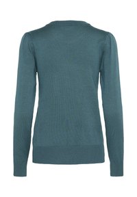 Pull en teal avec des manches longues, des bords côtelés et un ourlet. Présente un col rond et une texture en maille lisse. Vue de dos montrée.