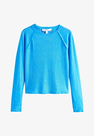 Bluza albastră cu mâneci lungi, realizată dintr-un material moale și ușor. Are un decolteu rotund și mâneci raglan, cu o croială lejeră.