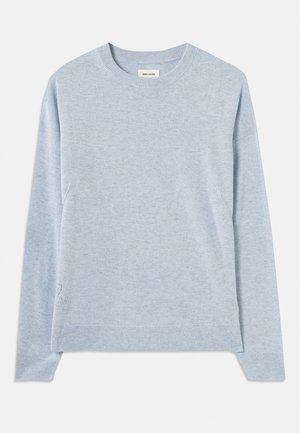 Light blue knit sweater with a rounded neckline, long sleeves, and ribbed cuffs. Features a subtle textured accent on the front hem.
