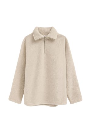 Jersey polar beige de manga larga con cuello alto y cremallera frontal que se extiende hasta la mitad del pecho.