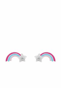 Pendientes en forma de arco iris en esmalte rosa, azul y blanco con acentos de estrellas y rhinestones transparentes. Base en tono plateado con acabado brillante.