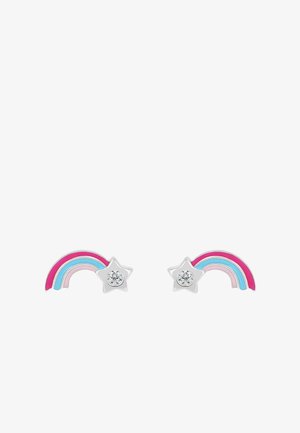 Boucles d'oreilles en forme d'arc-en-ciel en émail rose, bleu et blanc avec des accents d'étoiles et des strass transparents. Base en métal argenté avec finition brillante.