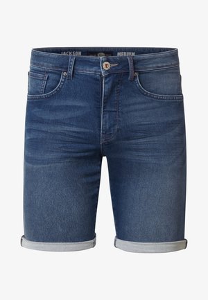 Shorts en denim bleu moyen avec des décolorations subtiles. Présentent un design classique à cinq poches, des ourlets retroussés et un bouton en métal.
