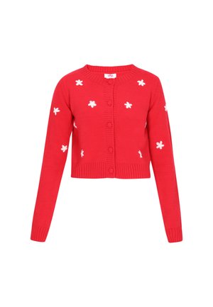 Rød strikket cardigan med et cropped design, med hvid blomsterbroderi og ribbet kant. Har rund halsudskæring og knaplukninger.