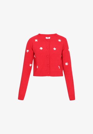 Rød strikket cardigan med et cropped design, med hvid blomsterbroderi og ribbet kant. Har rund halsudskæring og knaplukninger.