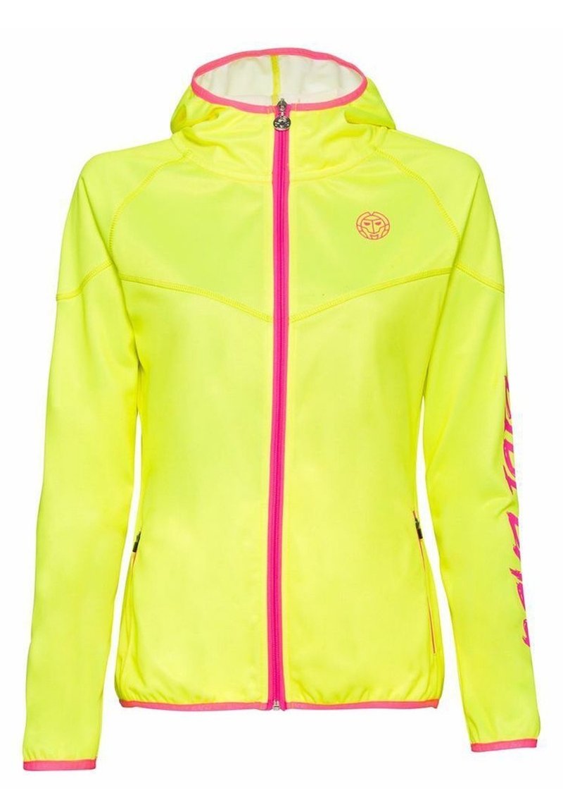 Jasně žlutá sportovní bunda s přiléhavým střihem, růžovým zipem a akcenty. Obsahuje kapuci a logo na hrudi.