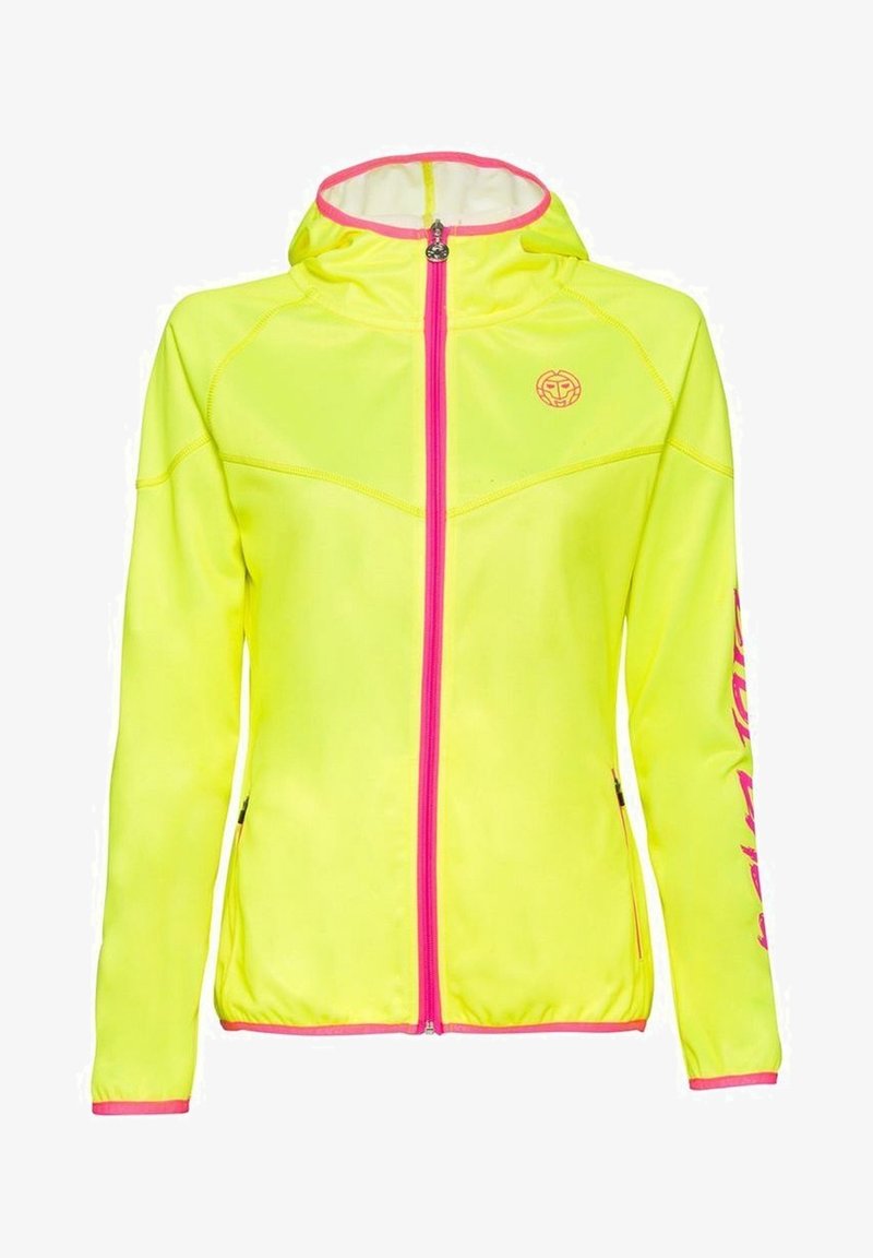 Bright yellow athletic jacket with a fitted design, pink zipper, and accents. Features a hood and a logo on the chest.