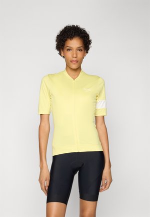 Yellow short-sleeve cycling jersey with a high collar, front zipper, and white accent stripe on the left sleeve. Fitted design.