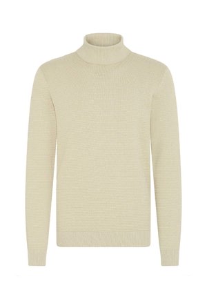 Světle béžový rolák se strukturovaným pleteným vzorem, dlouhými rukávy a ribbovanými manžetami a lemem. Měkká, příjemná tkanina.