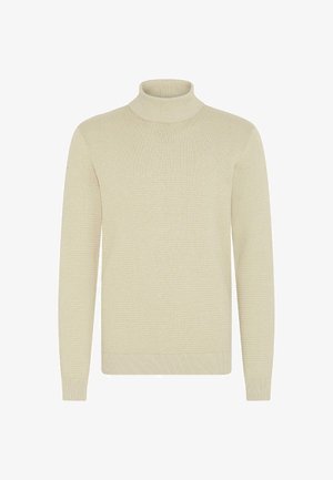 Lys beige turtleneck sweater med et struktureret strikmønster, lange ærmer og ribbede manchetter og kant. Blødt, hyggeligt stof.