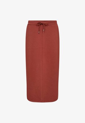 Fustă midi de culoare ruginie, realizată dintr-un material moale și elastic. Prezintă un brâu cu șnur și o suprafață netedă, fără decorațiuni.