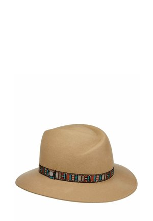 Beige felt fedora hat with a wide brim and a decorative band featuring a colorful geometric pattern.