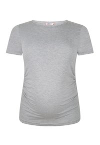 T-shirt de maternité gris en tissu doux, doté de manches courtes, d'un col rond et de côtés froncés pour un look ajusté autour du ventre.