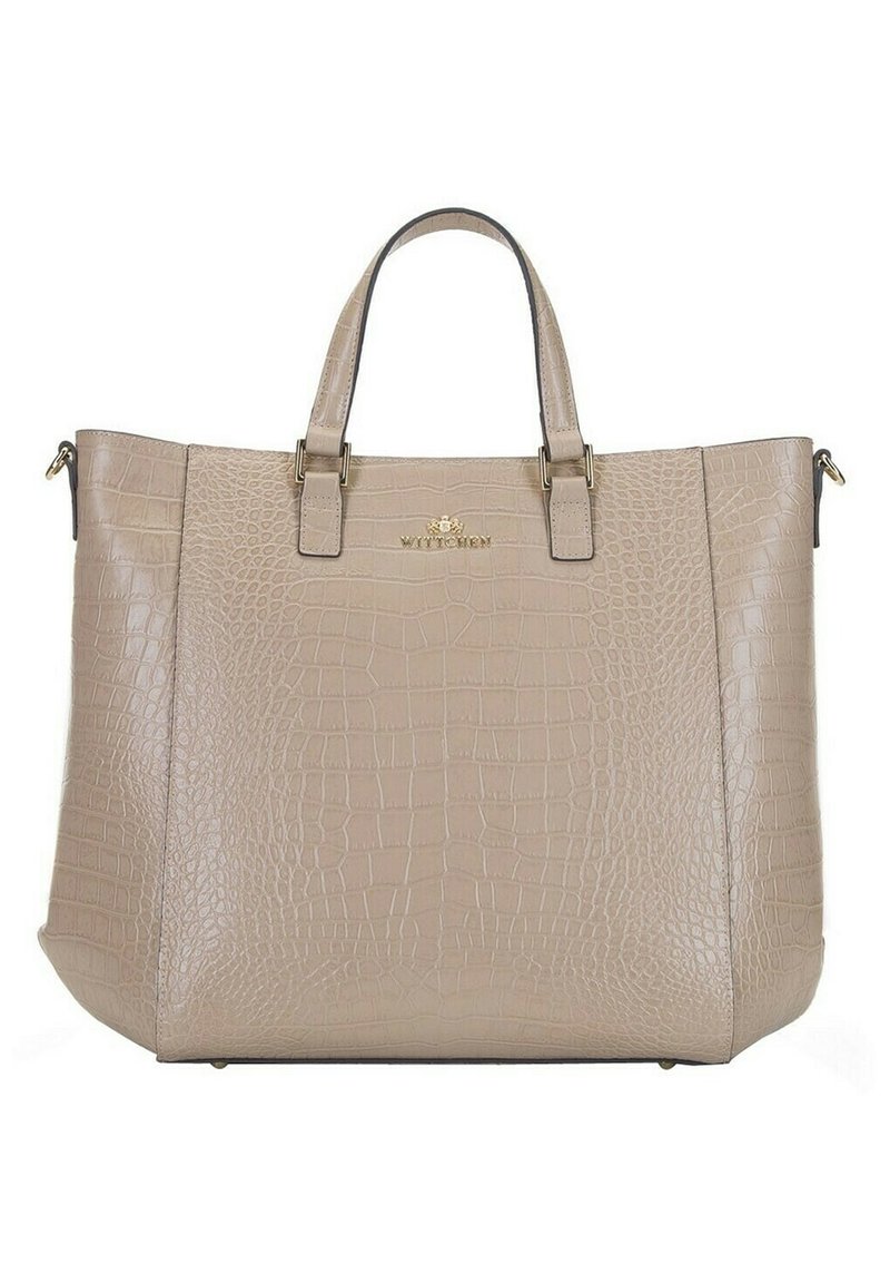 Sac fourre-tout en cuir gaufré crocodile beige avec deux poignées, quincaillerie dorée et un accent logo au centre. Texture lisse, forme rectangulaire.
