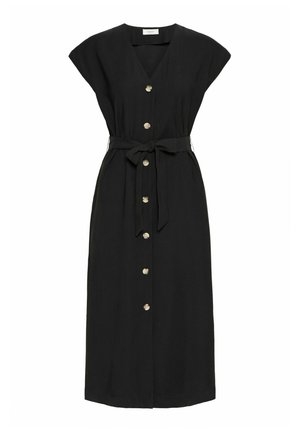 Black midi dress made of lightweight fabric with a v-neck, cap sleeves, a button-down front, and a tie belt at the waist. Gold button accents.