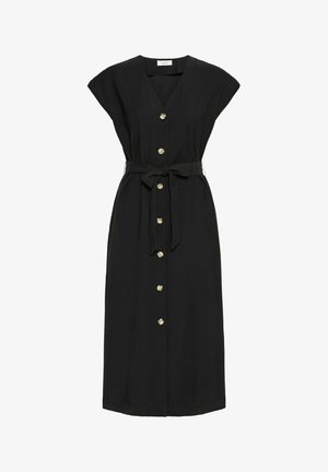 Black midi dress made of lightweight fabric with a v-neck, cap sleeves, a button-down front, and a tie belt at the waist. Gold button accents.