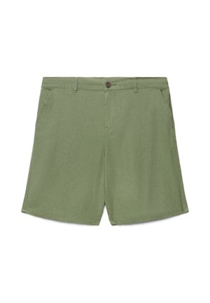 Pantaloncini casual verde oliva con bottone frontale, passanti per cintura, tasche laterali e orlo dritto, adatti per l'uso quotidiano.