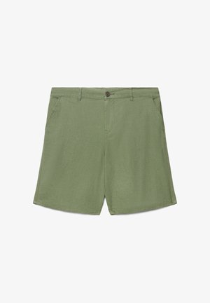 Pantaloncini casual verde oliva con bottone frontale, passanti per cintura, tasche laterali e orlo dritto, adatti per l'uso quotidiano.