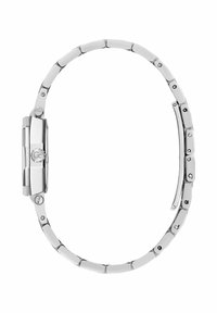 Sudraba nerūsējošā tērauda pulkstenis ar taisnstūrveida seju, gludām saitēm un akcentiem. Minimālisma dizains ar pulētu apdari un pogu aizdari.