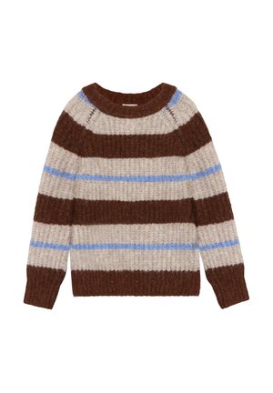 Tyk strikket rundhalset sweater med vandrette brune, beige og lyseblå striber og lange ærmer på hvid baggrund.