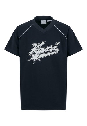 Navy blue short-sleeve jersey with a V-neck, featuring a white 'Kani' logo and star accent, made from textured, breathable fabric.
