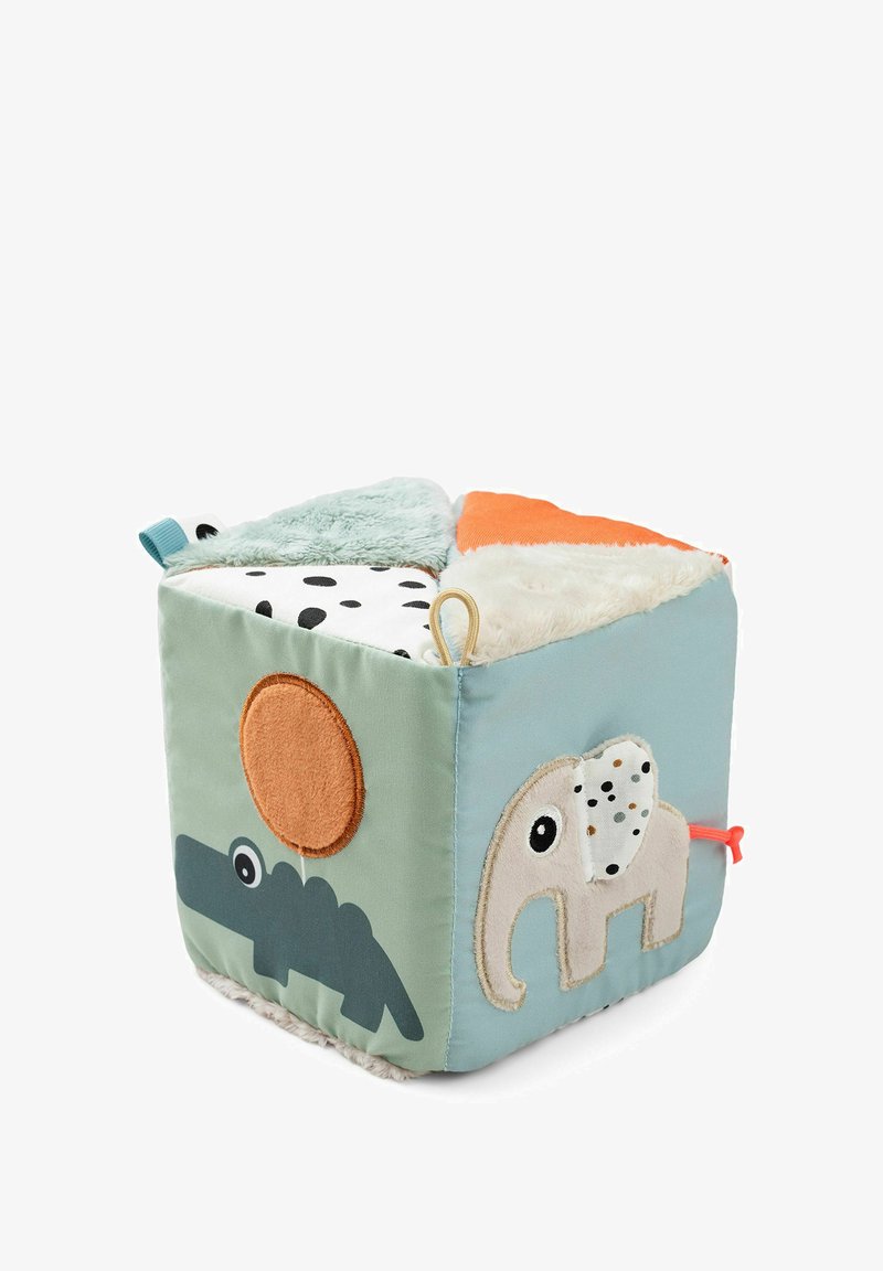 Soft, multi-textured cube with plush sections in mint green, orange, white with black dots, featuring an elephant and alligator designs.