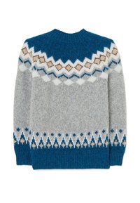 Maglione lavorato a maglia grigio con un giogo blu. Presenta motivi geometrici in bianco, marrone e blu. Tessuto strutturato e colletto a costine.