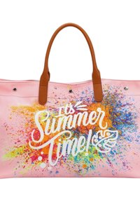 Borsa a tracolla in tela rosa con manici in pelle marrone, caratterizzata da un design a spruzzi colorati e la scritta "È tempo d'estate!" in bianco.