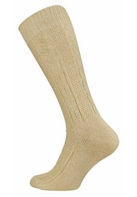Calzini beigi al ginocchio realizzati in materiale a maglia testurizzata, con una parte superiore a coste e una superficie decorata lungo la gamba.